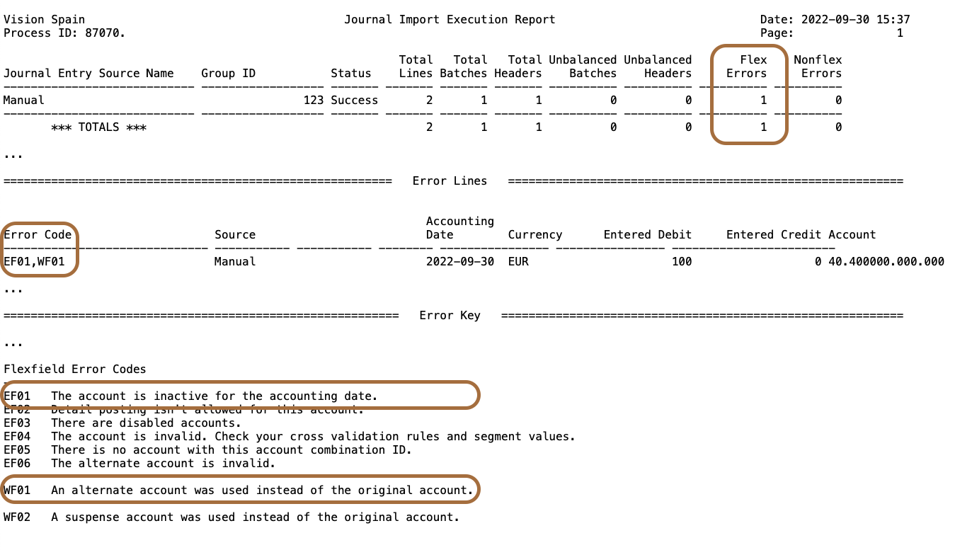 Figure 7. Journal Import Execution Report displaying error codes informing users that an alternate account was used instead of the original account.