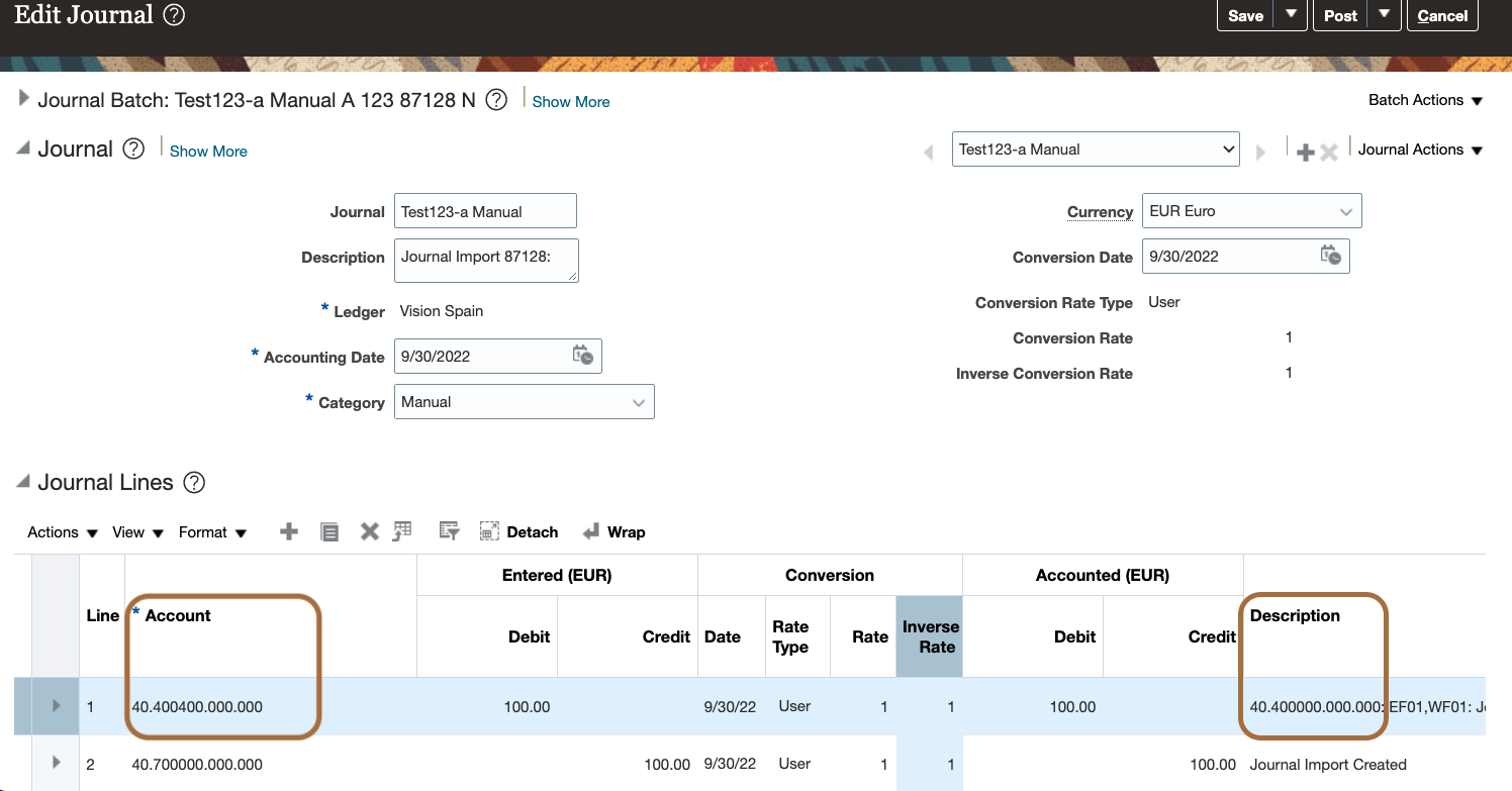 Edit Journal user interface displaying the invalid original account in the line description