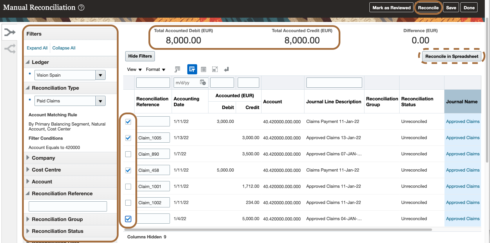 Figure 10 displays a screenshot of the Manual Reconciliation user interface.  The filters / journals line selection criteria are on the left side of the UI. The unreconciled lines are selected by checking a checkbox. The totals of the selected debits and selected credits are displayed at the top of the UI. When debits equal credits, user can click on  the button "Reconcile". On this UI there is also a button "Reconcile in Spreadsheet" which allow the user to do the manual reconciliation in a spreadsheet.