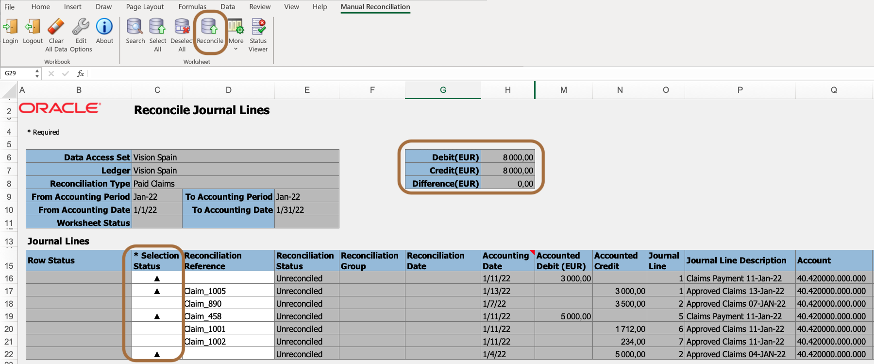 Figure 11 displays a screenshot of the ADFdi spreadsheet in which the unreconciled lines retrieved on UI have been downloaded. User can select the lines to reconcile, and click on icon "Reconcile" when the total of the debits and credits of the selected lines matches.
