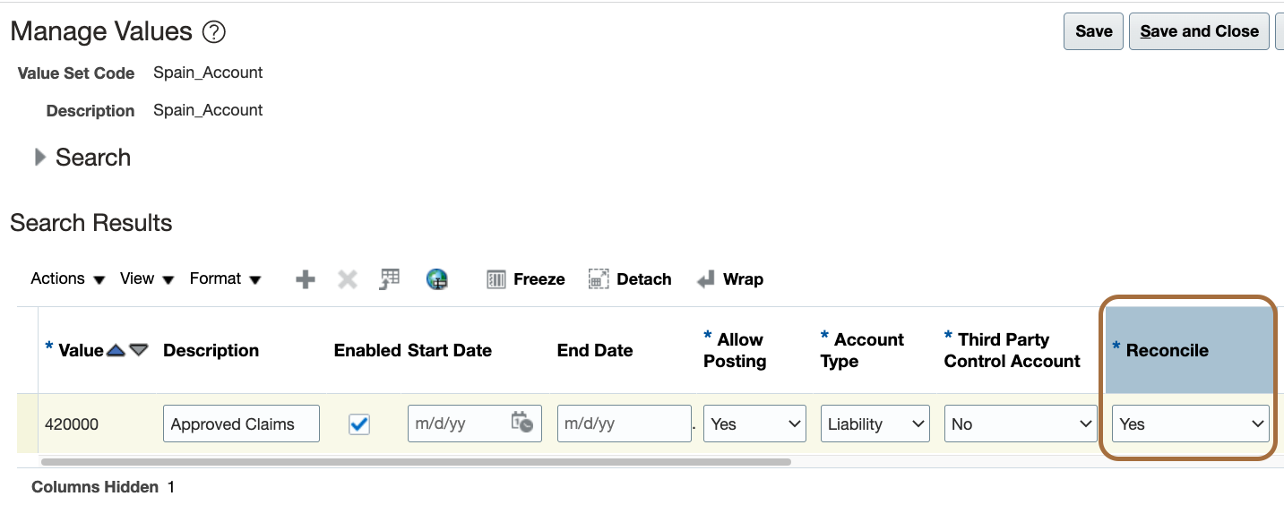 Figure 2 displays a screenshot of the Manage Values setup user interface. The attribute "Reconcile" of account value 420000 is highlighted and set to "Yes".
