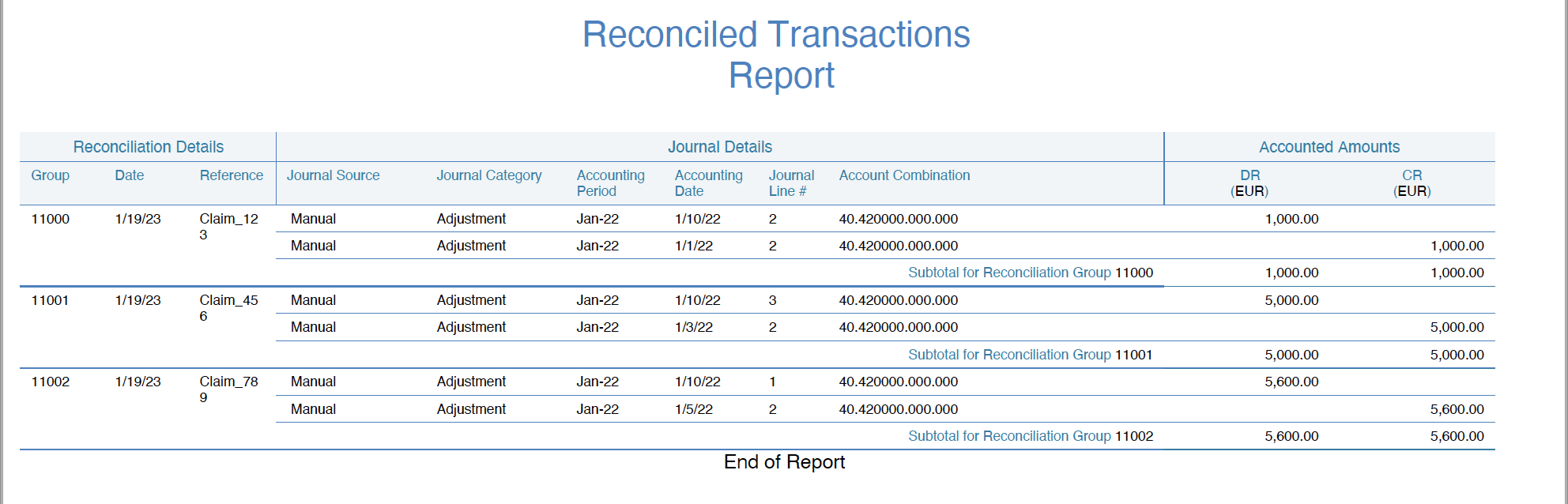 Figure 7 displays a screenshot of the Reconciled Transactions Report for Reconciliation Type "Paid Claims", after the automatic reconciliation process was run. It shows the detail of the Debits and Credits which have been reconciled together. It displays the reconciliations detail; - group, date and reference - the debits and credits grouped together