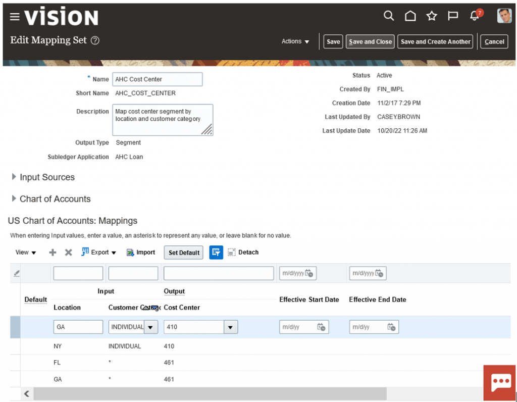 Mapping set definitions for the Cost Center segment account rule