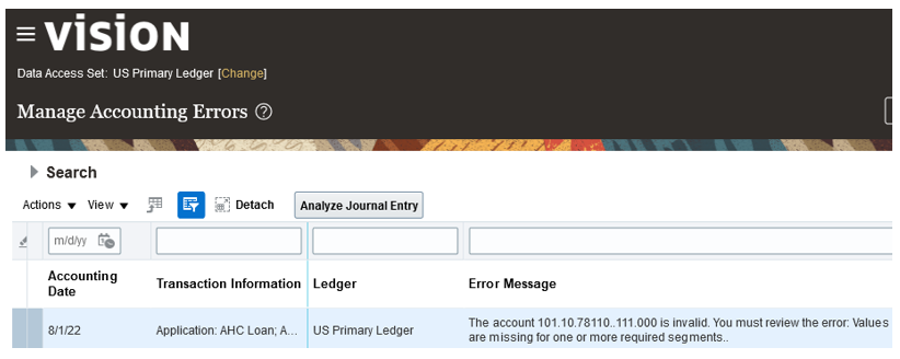 Manage Accounting Errors: invalid account error