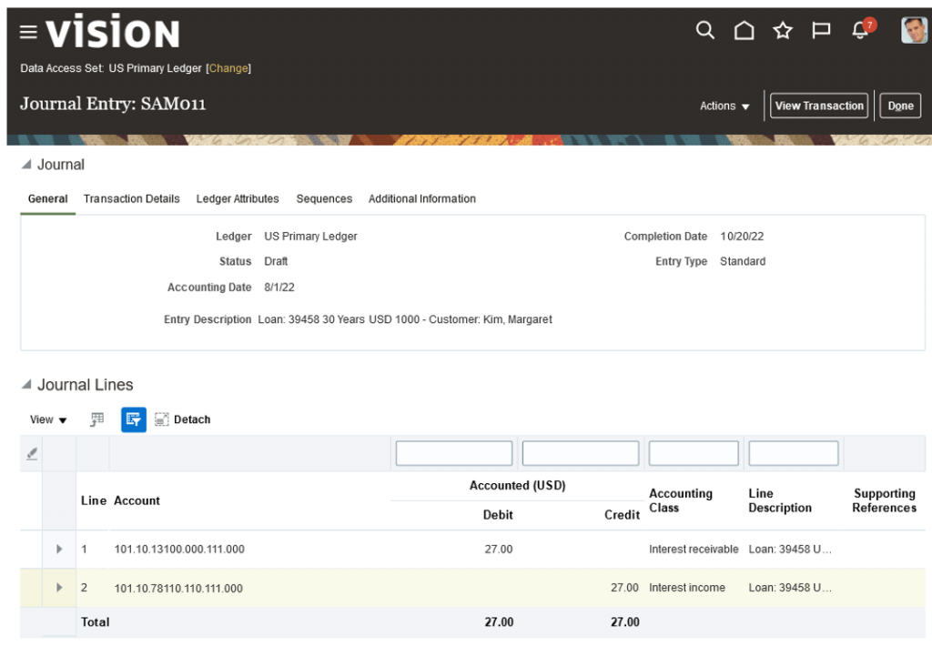 A valid journal entry created with the default Cost Center.