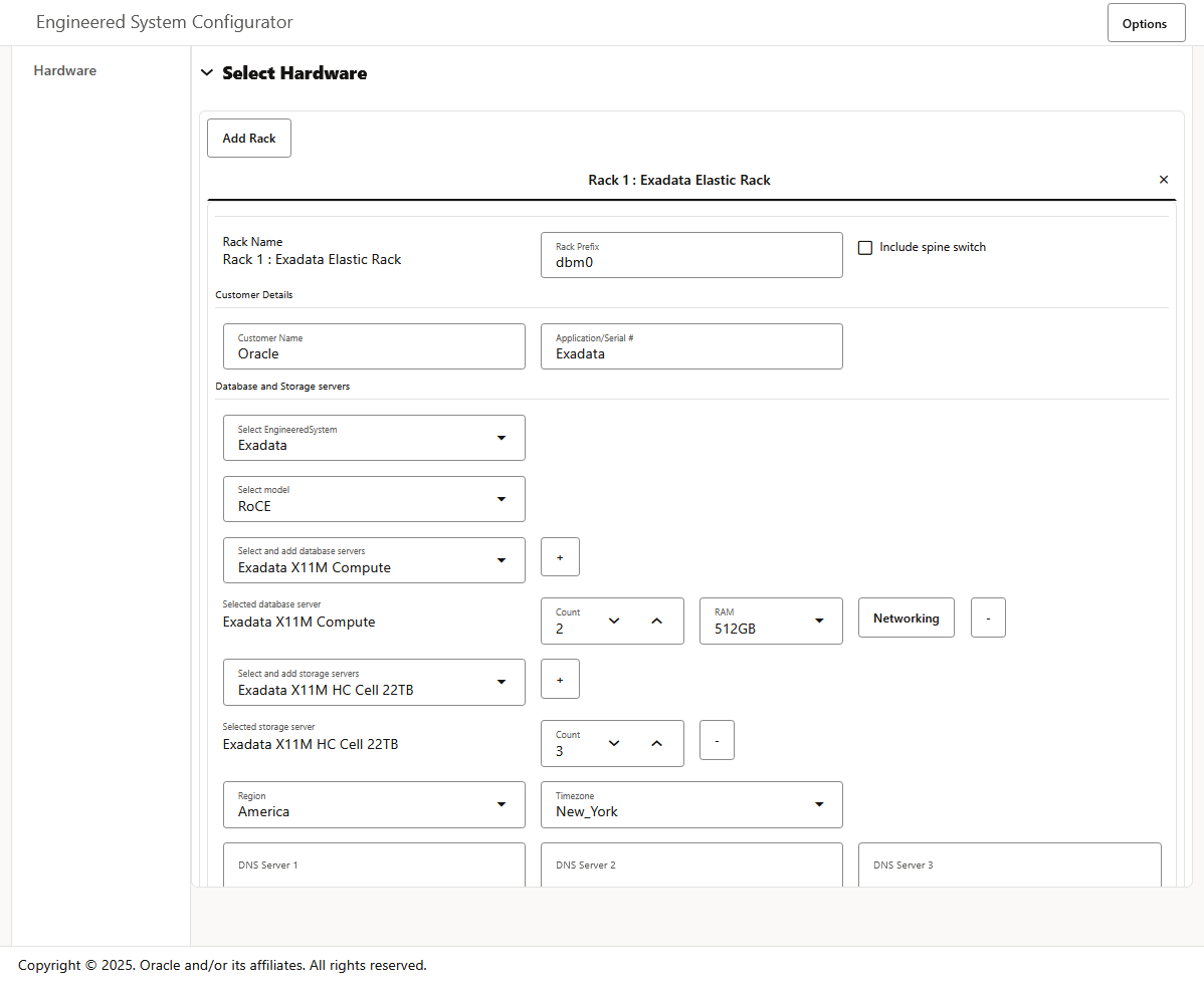 The select hardware page of OEDA - Oracle Exadata Deployment Assistant - showing 2 X11M Database Servers and 3 X11M Storage Servers have been selected.