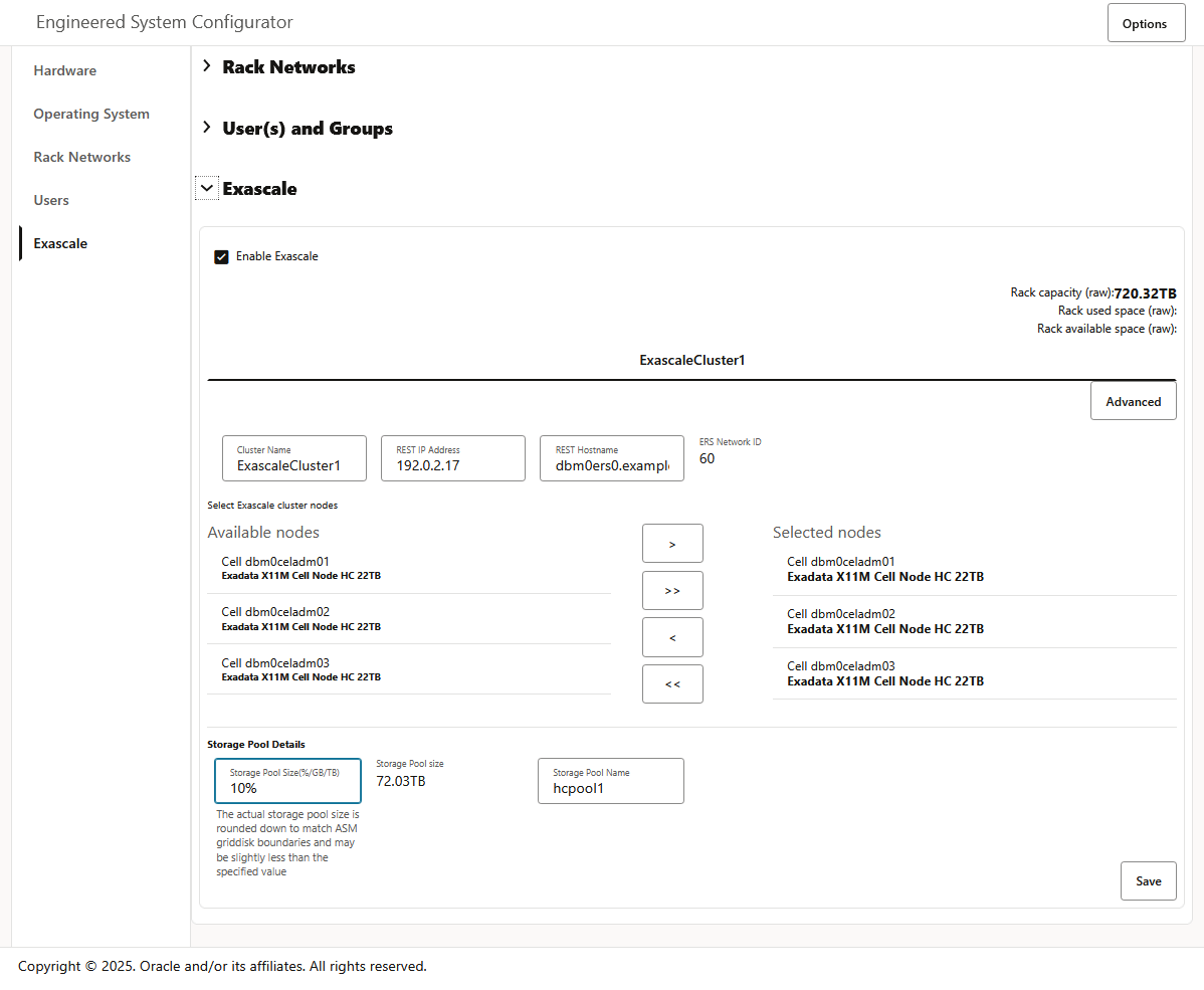 OEDA Exascale screen showing 10% of available raw storage is being allocated to the hcpool1 storage pool. This is then used for Exascale Volumes and database storage