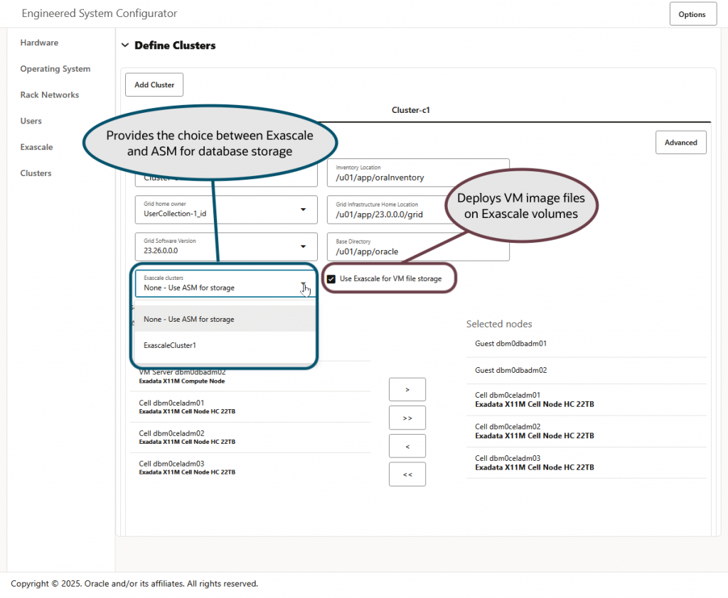 Define Clusters screen in OEDA showing a VM cluster with 'Use Exascale for VM file storage' selected. This will deploy the VMs using Exascale Volumes. The database storage shows a drop down menu with 'None - Use ASM for storage' and 'Exascale' as the options.