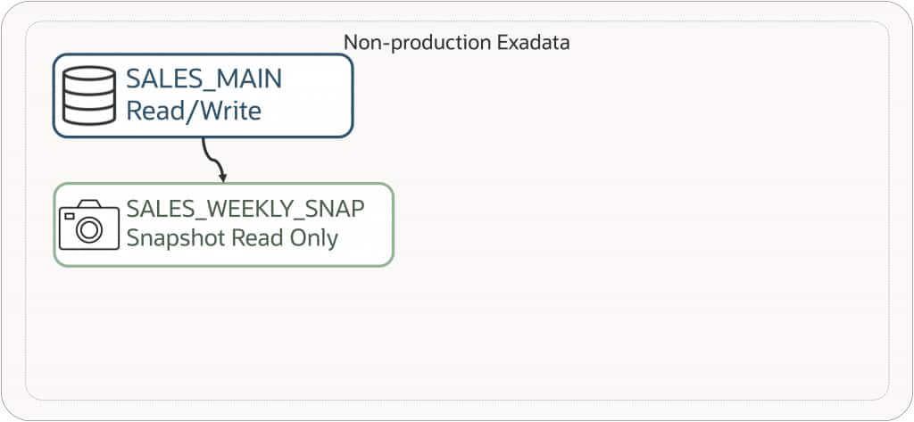 Diagram showing a read/write non-production database named SALES_MAIN on a non-production Exadata system creating a read-only snapshot named SALES_WEEKLY_SNAP.