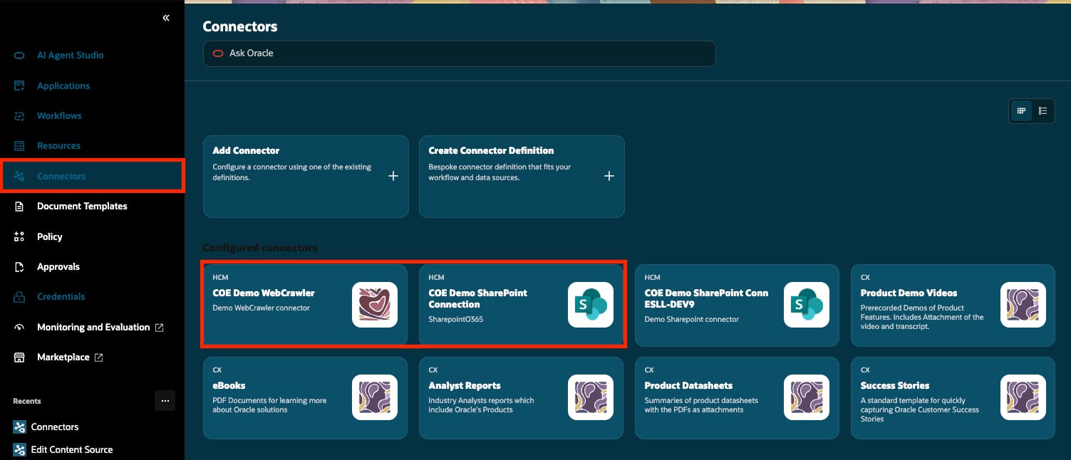 AI Agent Studio Connectors page with example WebCrawler and SharePoint O365 connector cards highlighted.