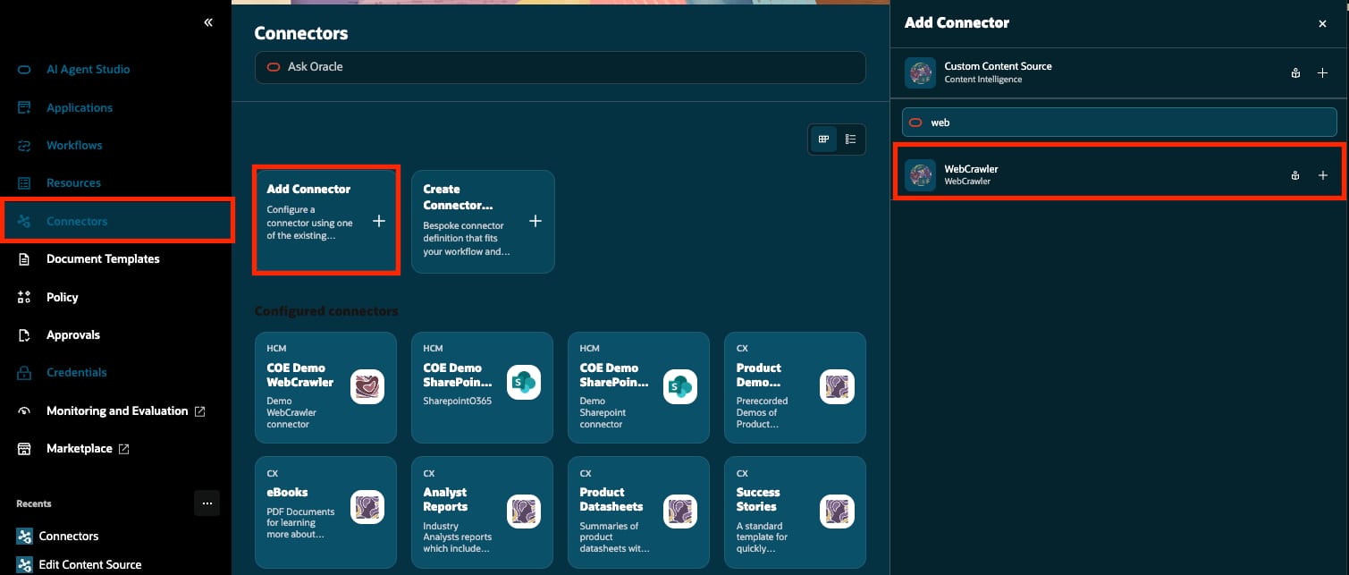 AI Agent Studio Add Connector panel with the WebCrawler connector definition highlighted.