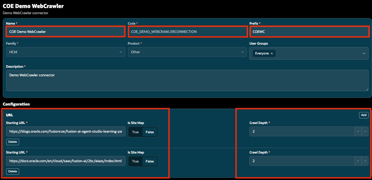 Sample WebCrawler connector configuration showing connector identity, starting URLs, and crawl depth.