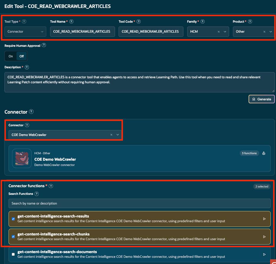 WebCrawler connector tool configuration with Content Intelligence search functions selected.
