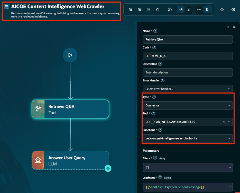 WebCrawler workflow with START, Retrieve Q and A Tool node, and Answer User Query LLM node.