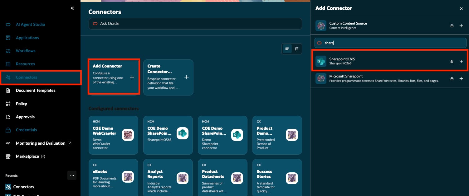 AI Agent Studio Add Connector panel with the SharepointO365 connector definition highlighted.