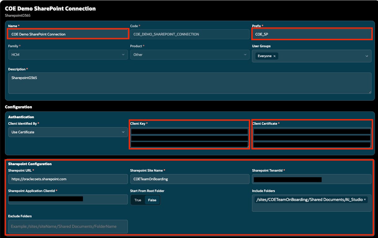 SharePoint O365 connector configuration with sensitive authentication, tenant, application, and folder values redacted.
