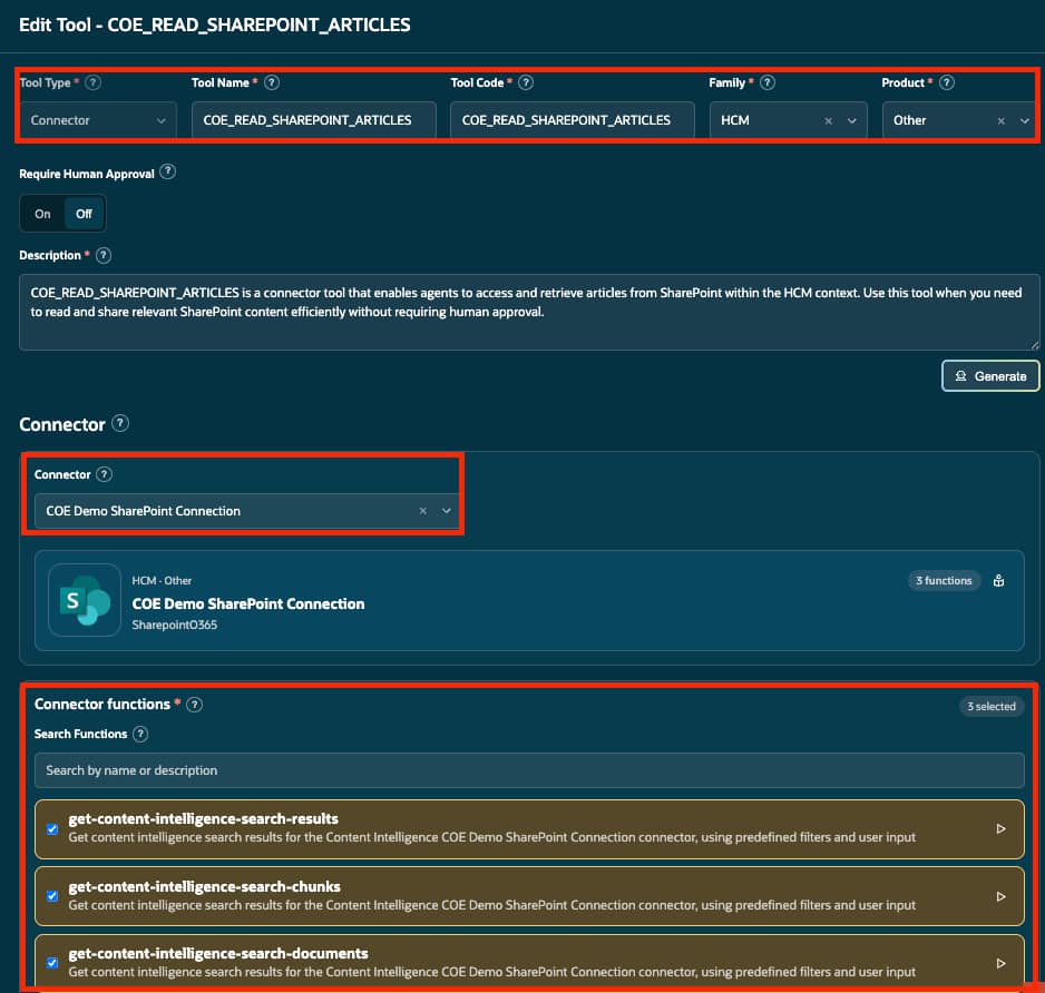 SharePoint connector tool configuration with Content Intelligence search functions selected.