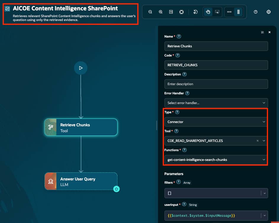 SharePoint workflow with START, Retrieve Chunks Tool node, and Answer User Query LLM node.