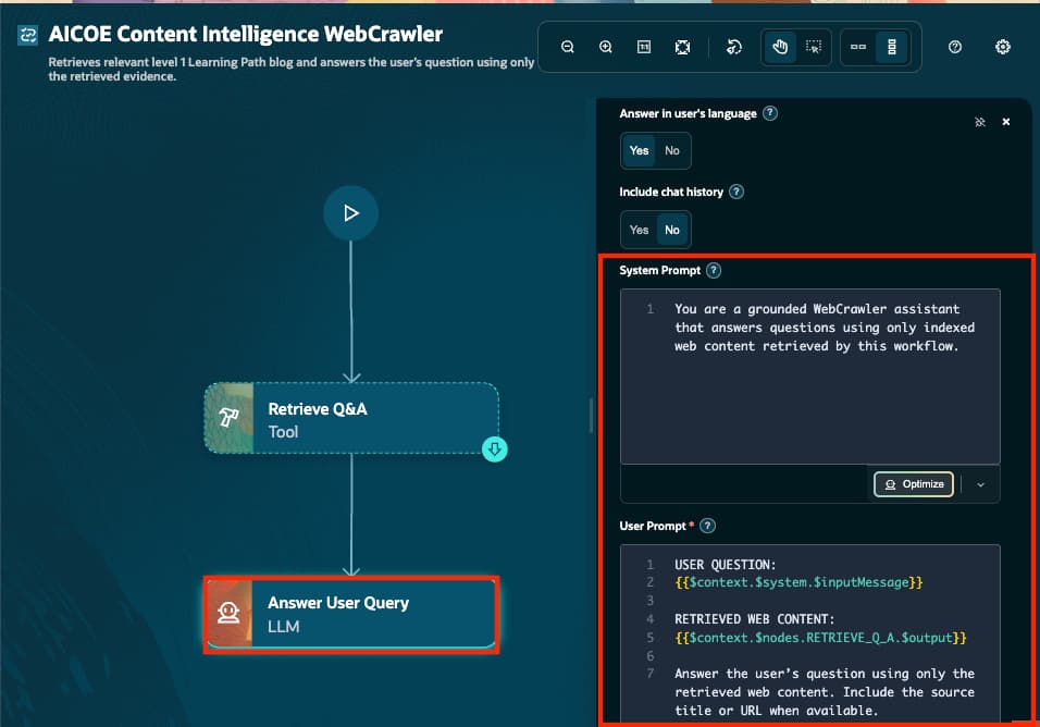 WebCrawler workflow with the Answer User Query LLM node and its System Prompt and User Prompt displayed.