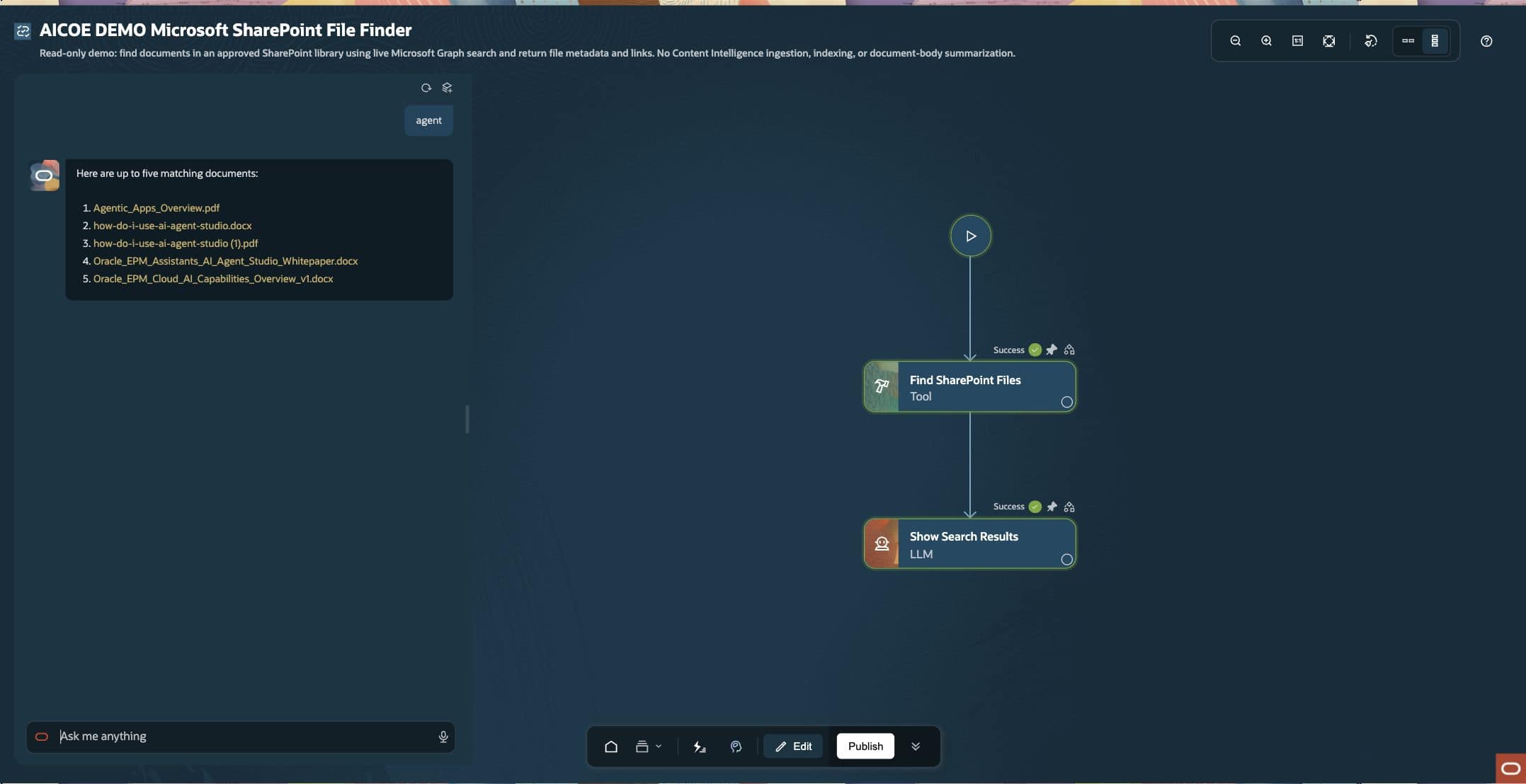 Successful SharePoint search workflow showing document links in chat and successful Tool and LLM nodes.