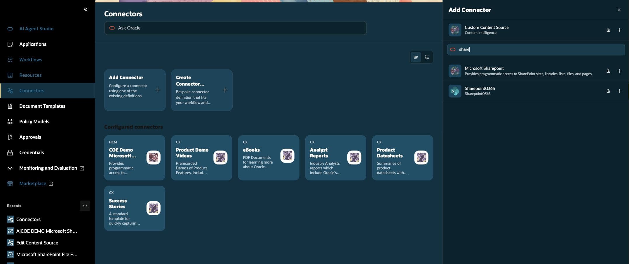 Add Connector panel showing Microsoft Sharepoint and SharepointO365 as separate choices. Red boxes identify Connectors, Add Connector, and Microsoft Sharepoint.