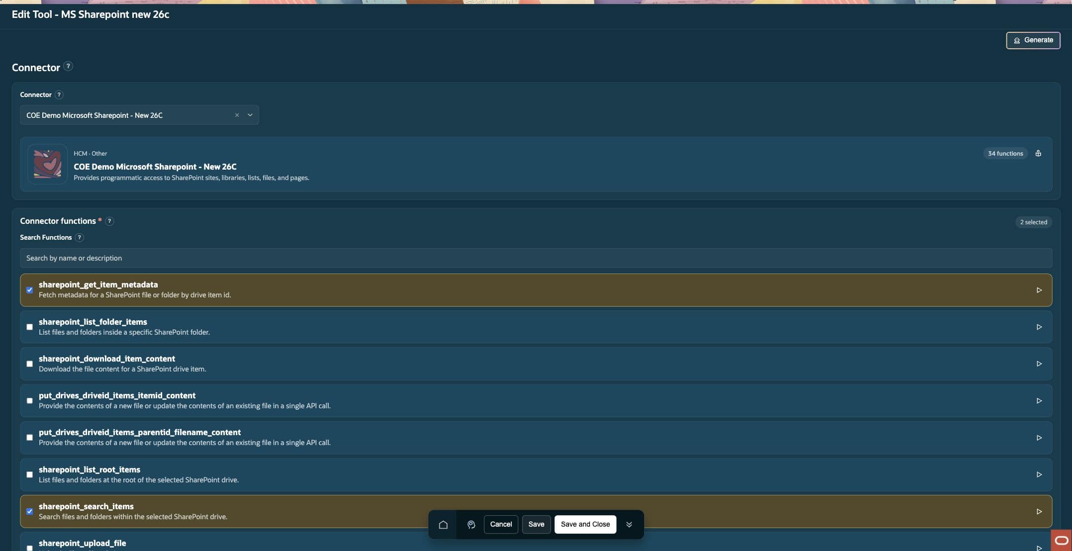 MS Sharepoint new 26c tool with two selected functions: sharepoint_get_item_metadata and sharepoint_search_items.