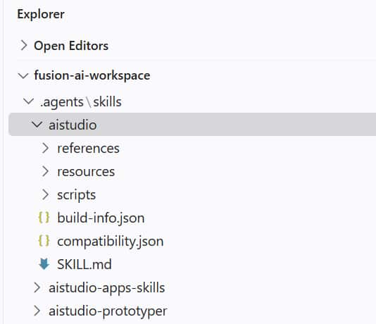 VS Code explorer with .agents/skills/aistudio expanded, showing references, resources, scripts, build-info.json, compatibility.json and SKILL.md.