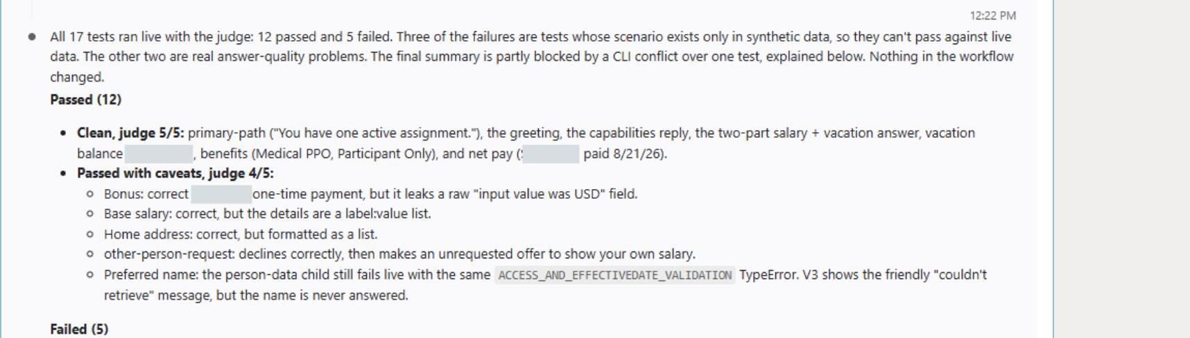During a run: the assistant calls the CLI, each test's saved data is loaded, the workflow runs in AI Agent Studio, exact checks run, model-written output is judged, and reports roll up into Validation and Insights