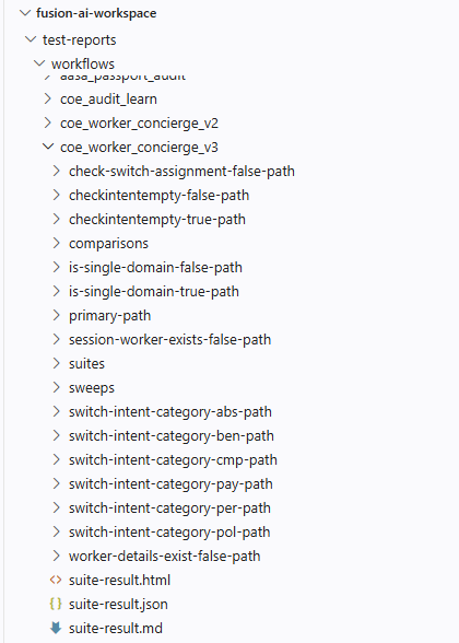 VS Code explorer showing test-reports/workflows with one workflow expanded into per-test folders and suite-result.html, .json and .md.