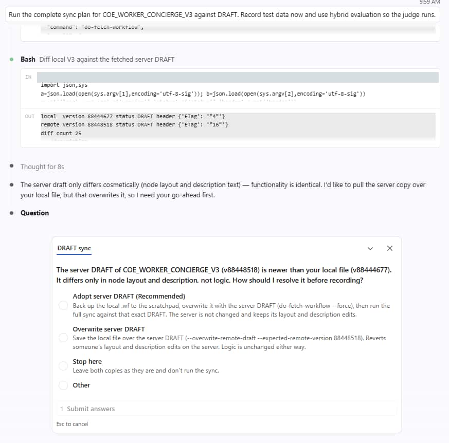 The assistant compares the local workflow with the server DRAFT, finds the server copy newer, and asks whether to adopt it, overwrite it, or stop.