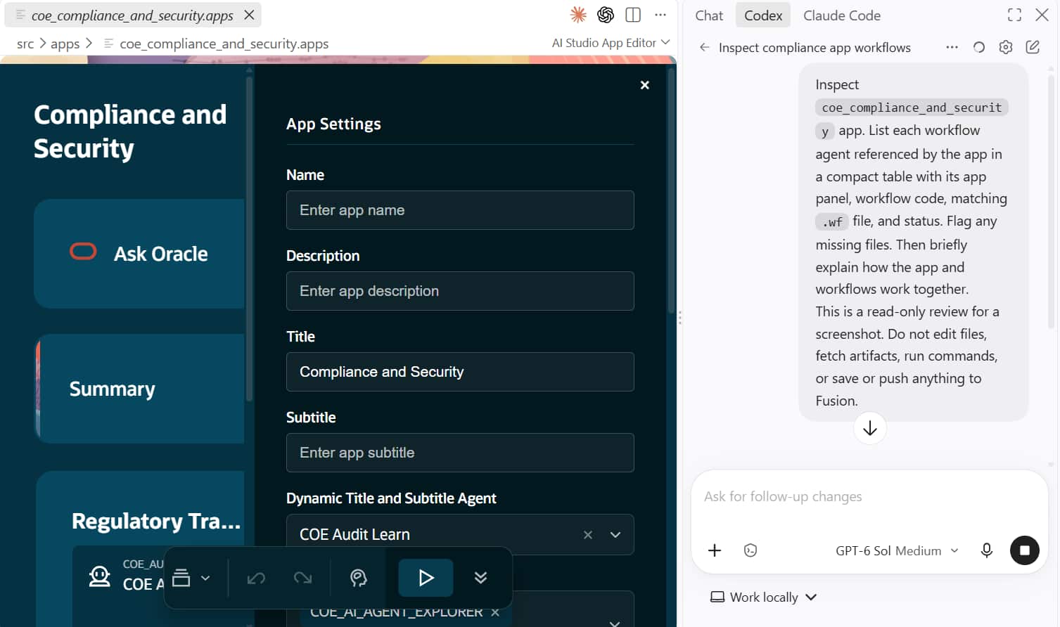 Compliance and Security app editor beside a Codex chat with a read-only request to inspect its local workflow files.