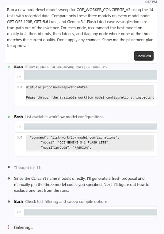 The assistant starting the sweep: it reads the sweep options, lists the model configurations available in the environment, and explains it will pin the three requested model codes.