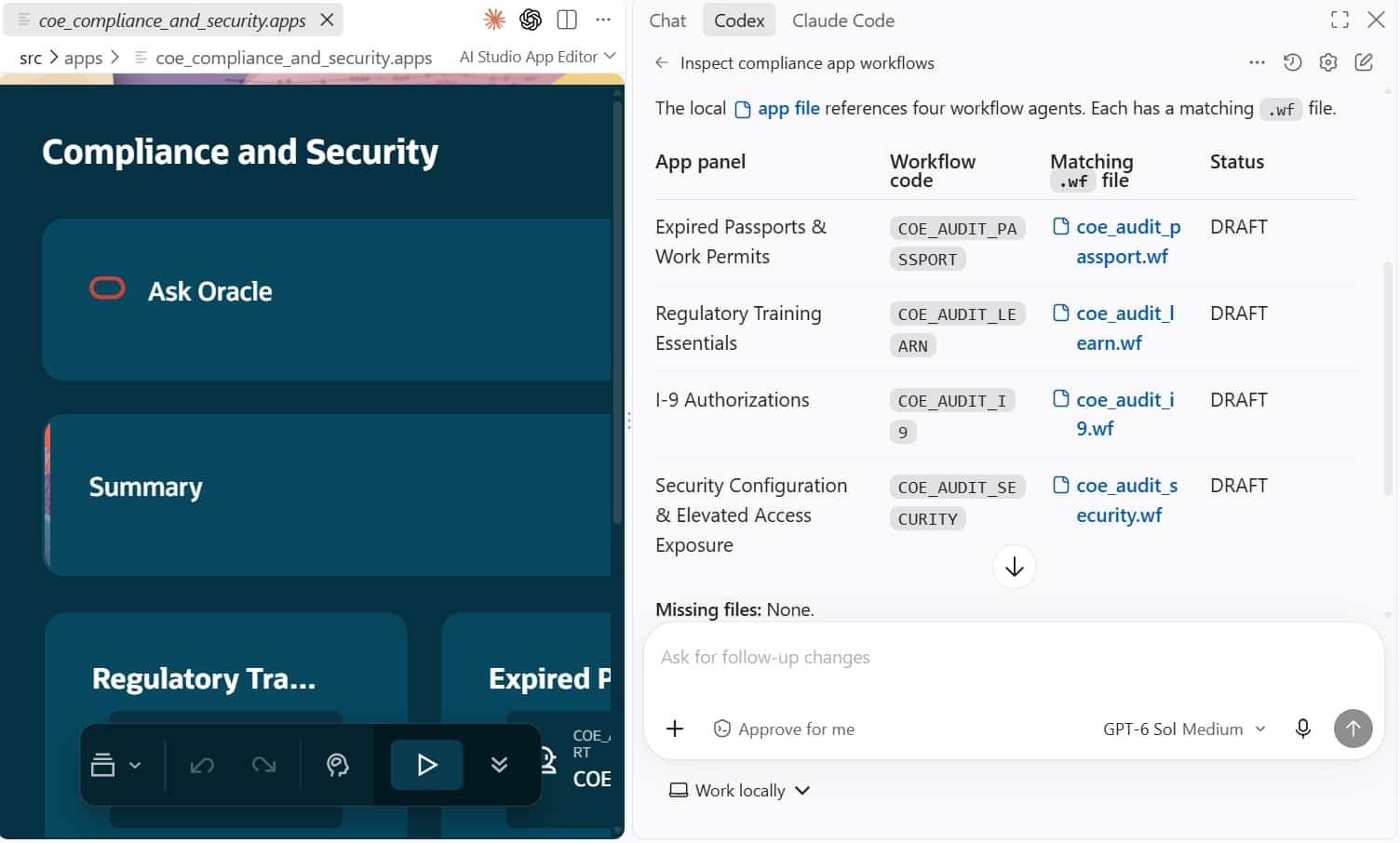 Compliance and Security app canvas beside a Codex table matching four app panels to local draft workflow files.