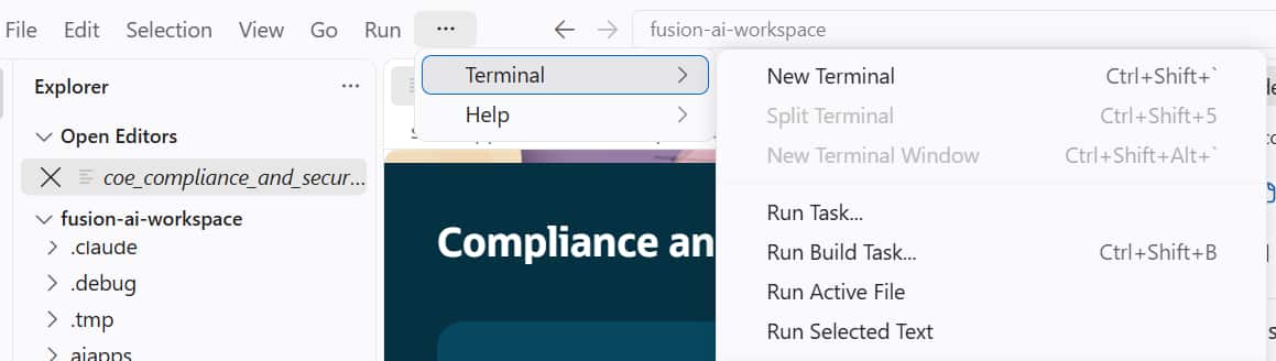 VS Code More Actions menu open to Terminal and New Terminal.