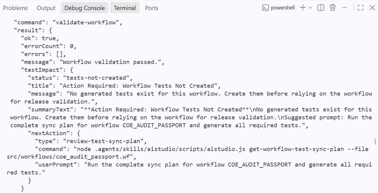 VS Code terminal showing the Passport workflow validation result with zero errors and a separate tests-not-created notice.