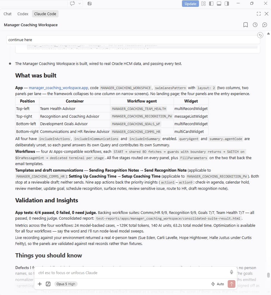 Claude Code final build report listing the four Manager Coaching Workspace panels, backing workflows, communications, actions, and test summary.