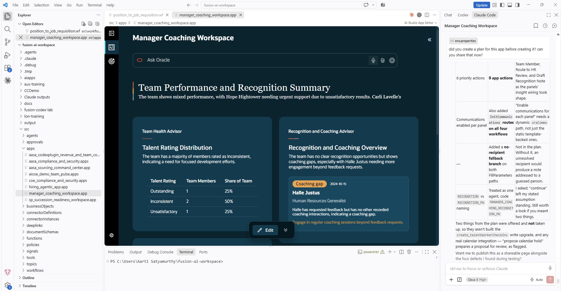 VS Code AI Studio App Editor showing the Team Health and Recognition and Coaching panels in the top row of the completed Manager Coaching Workspace.