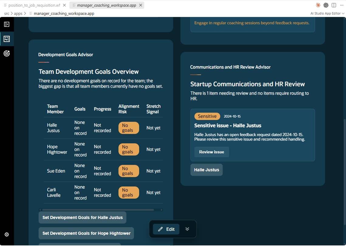 VS Code AI Studio App Editor showing the added Development Goals and Communications and HR Review panels in the bottom row of the Manager Coaching Workspace.