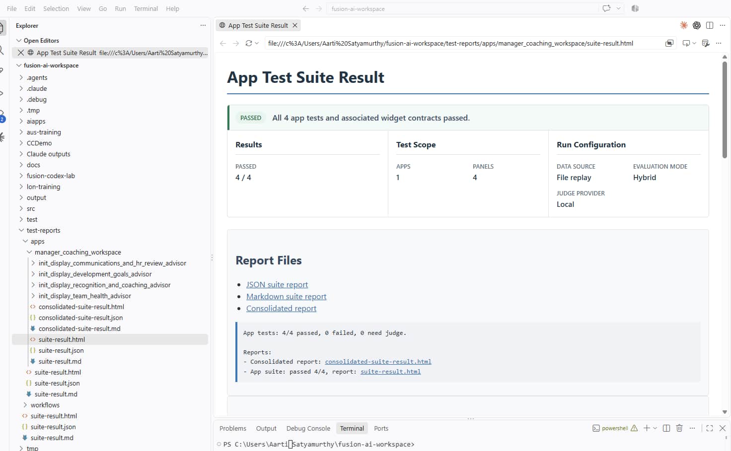 VS Code app test suite report showing all four Manager Coaching Workspace app tests and widget contracts passed in file replay.
