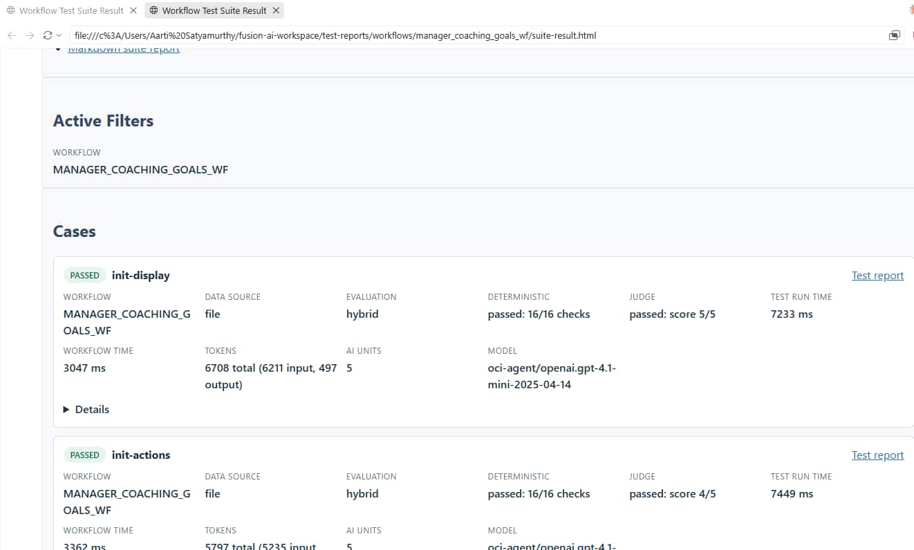 Development Goals workflow report showing individual init-display and init-actions cases with deterministic and judge results.