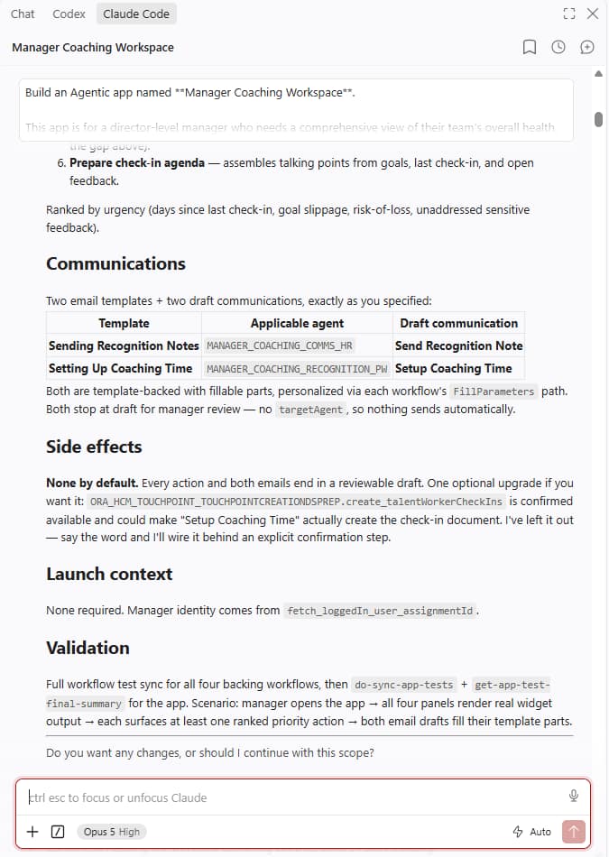 Claude Code pre-build checkpoint for the four-panel Manager Coaching Workspace, including communications, side effects, launch context, and validation.