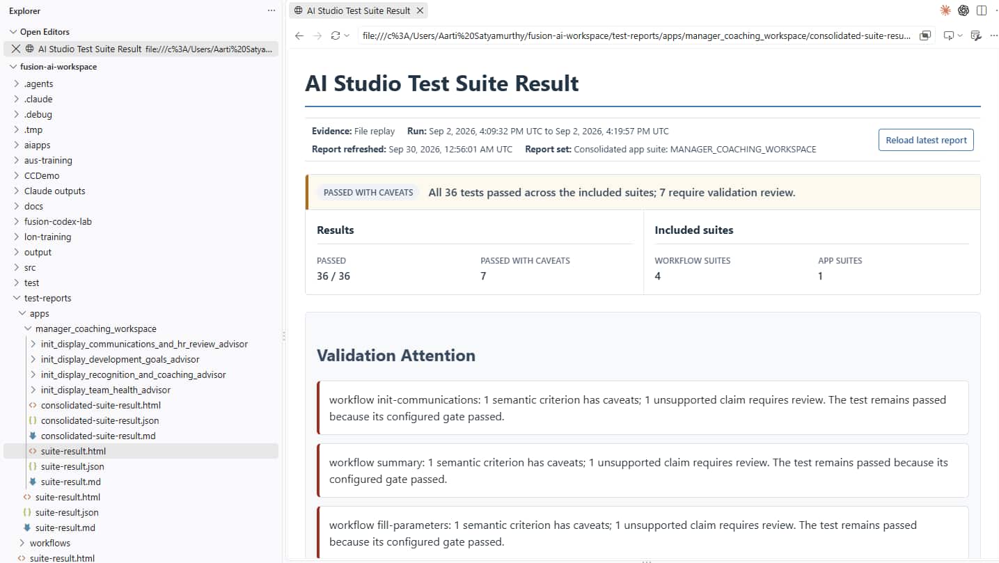 Consolidated AI Studio file-replay test report showing 36 of 36 tests passed and seven validation caveats requiring review.