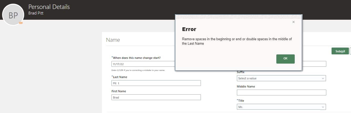 Error message on Personal Details page