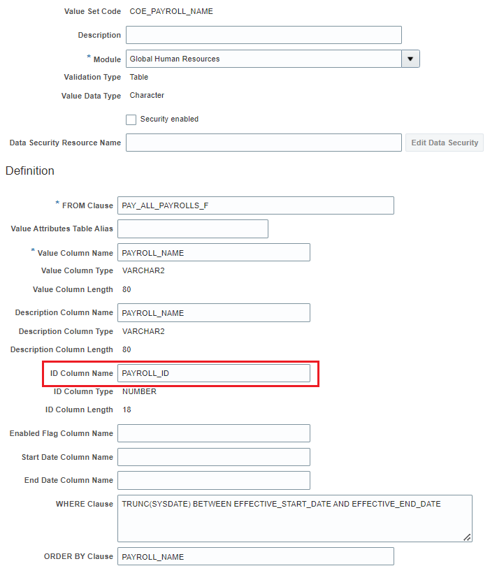 Value Set Definition for Payroll