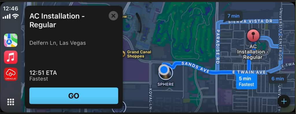 A screen showing navigation to job sites within Fusion Cloud Field Service.