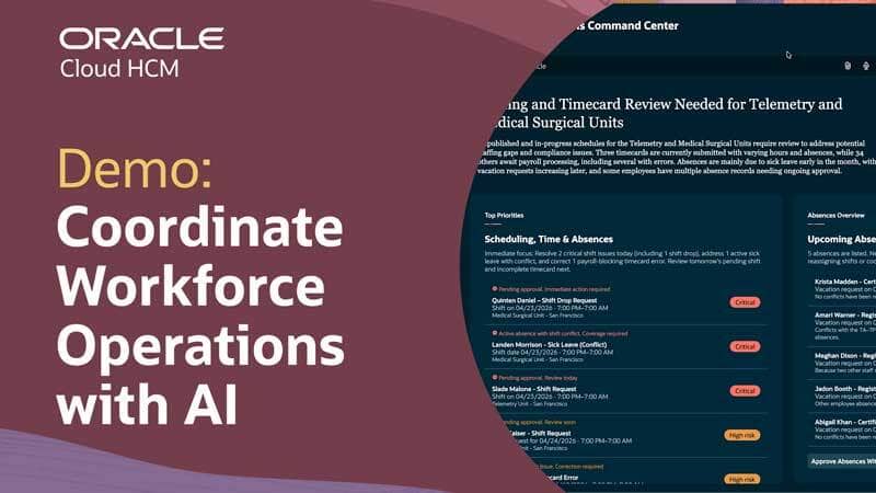 An Oracle Cloud HCM video thumbnail. Text reads Coordinate Workforce Operations with AI.