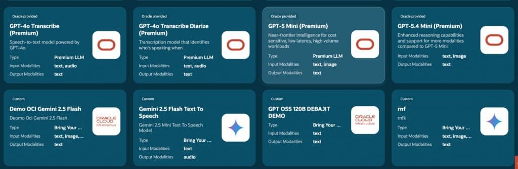 Model cards showing model name, type, support inputs, and more.