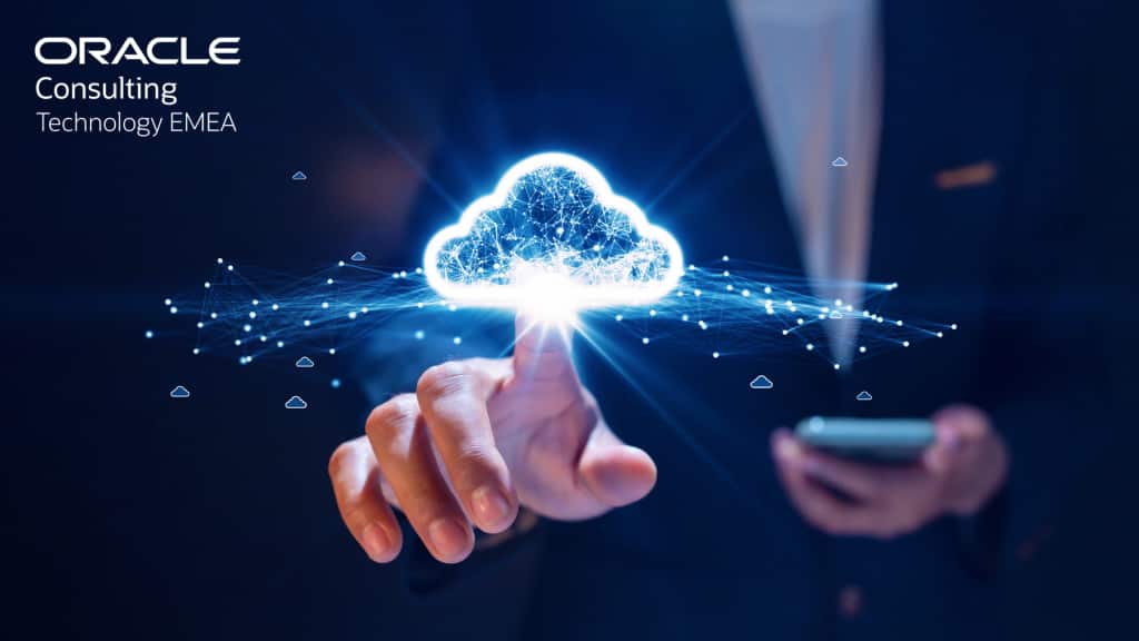 Man holding phone and touching hologram of cloud icon