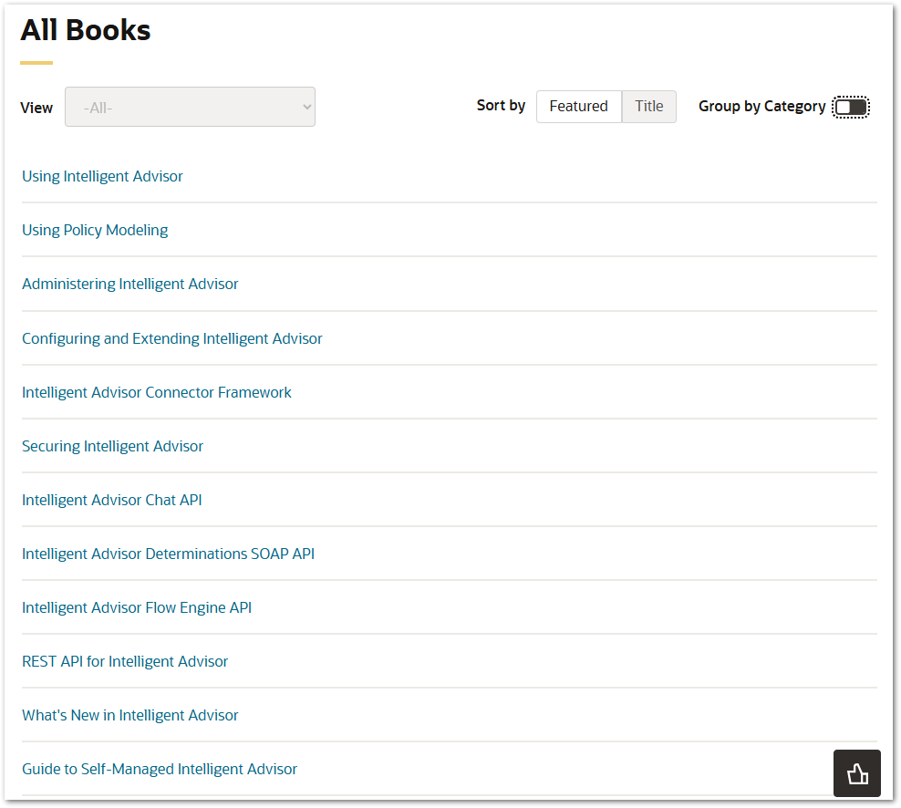 The All Books page for Intelligent Advisor in Oracle Help Center