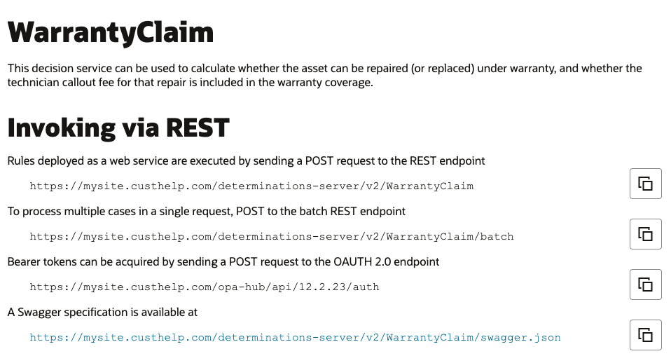 Decision service details page